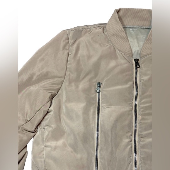 ALO Yoga Off Duty Satin Bomber Jacket in Tan Gravel Size Medium - Picture 5 of 15